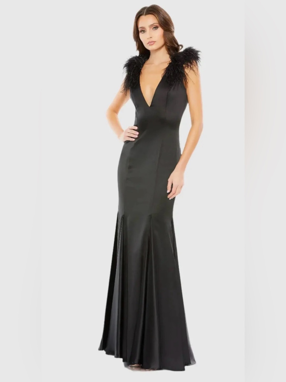 Mac Duggal Black Feather-Trim Deep V Evening Gown